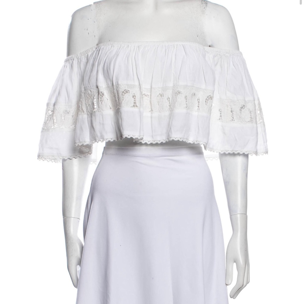 L space embroidered off the shoulder white crop top